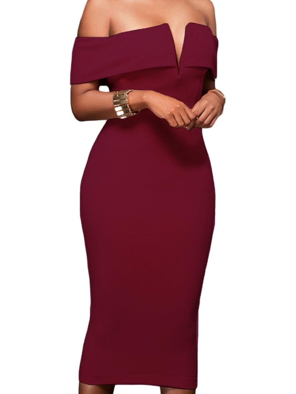 Off-Shoulder Burgundy Midi Dress